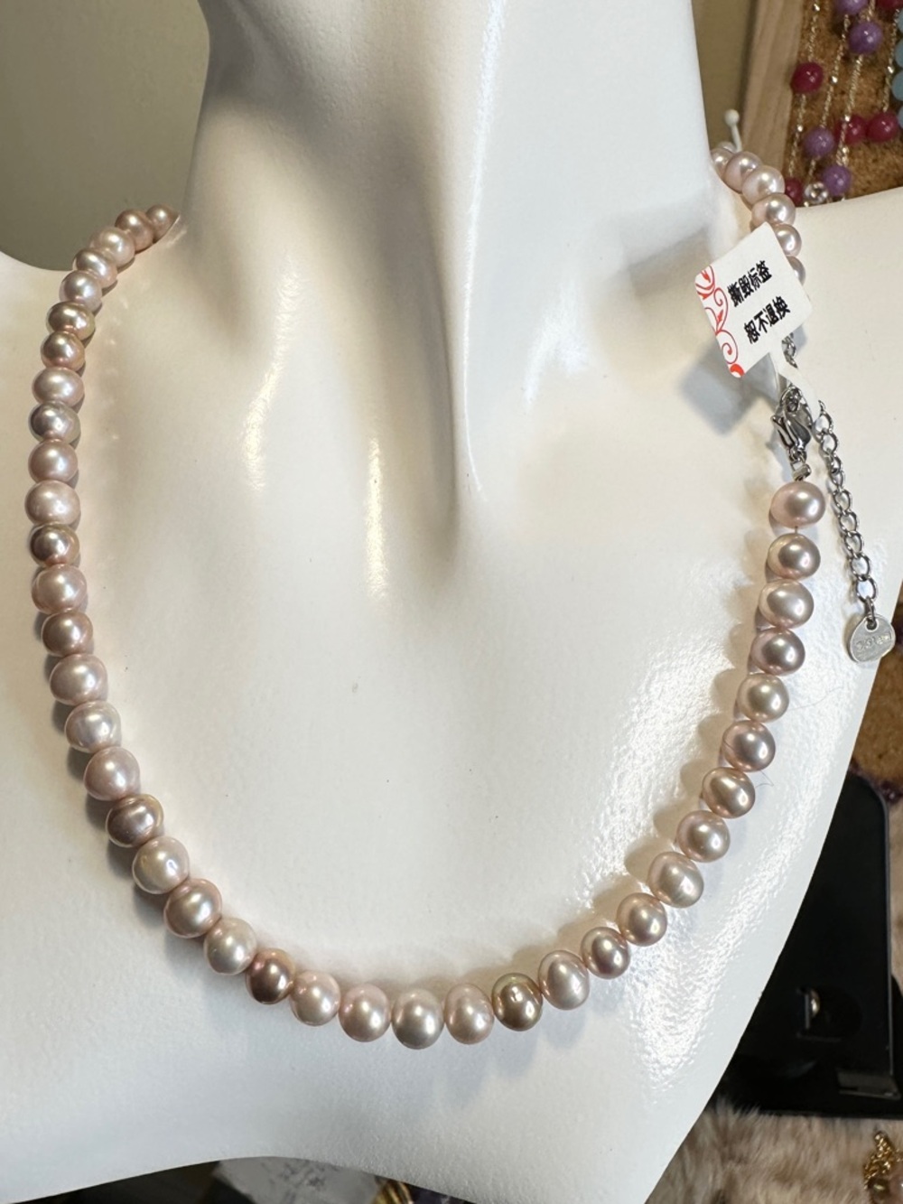 16+2 inch Genuine Freshwater Pearl Necklace in Champagne Pink Egg Shape 6.5×7mm